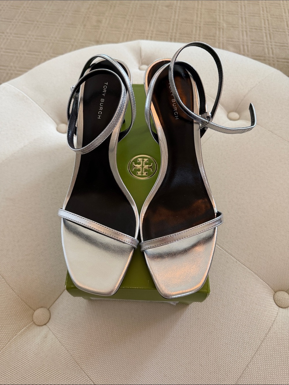 Tory Burch Metallic Silver Ankle-Strap Heels.  New in box no defects size 9.